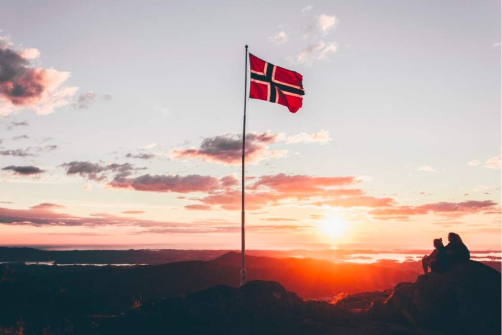 Norwegian flag in sunset